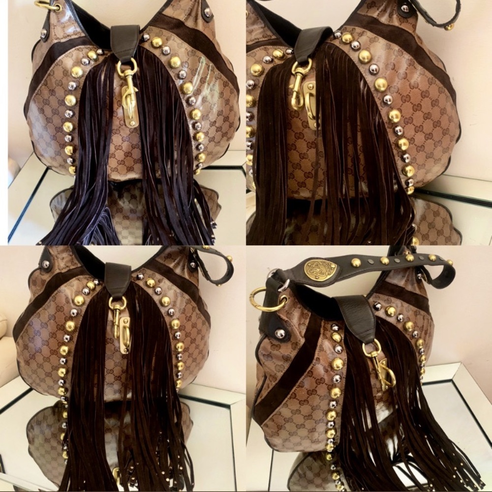 💯Gucci
Babouska Fringe Studded Leather Canvas Bag